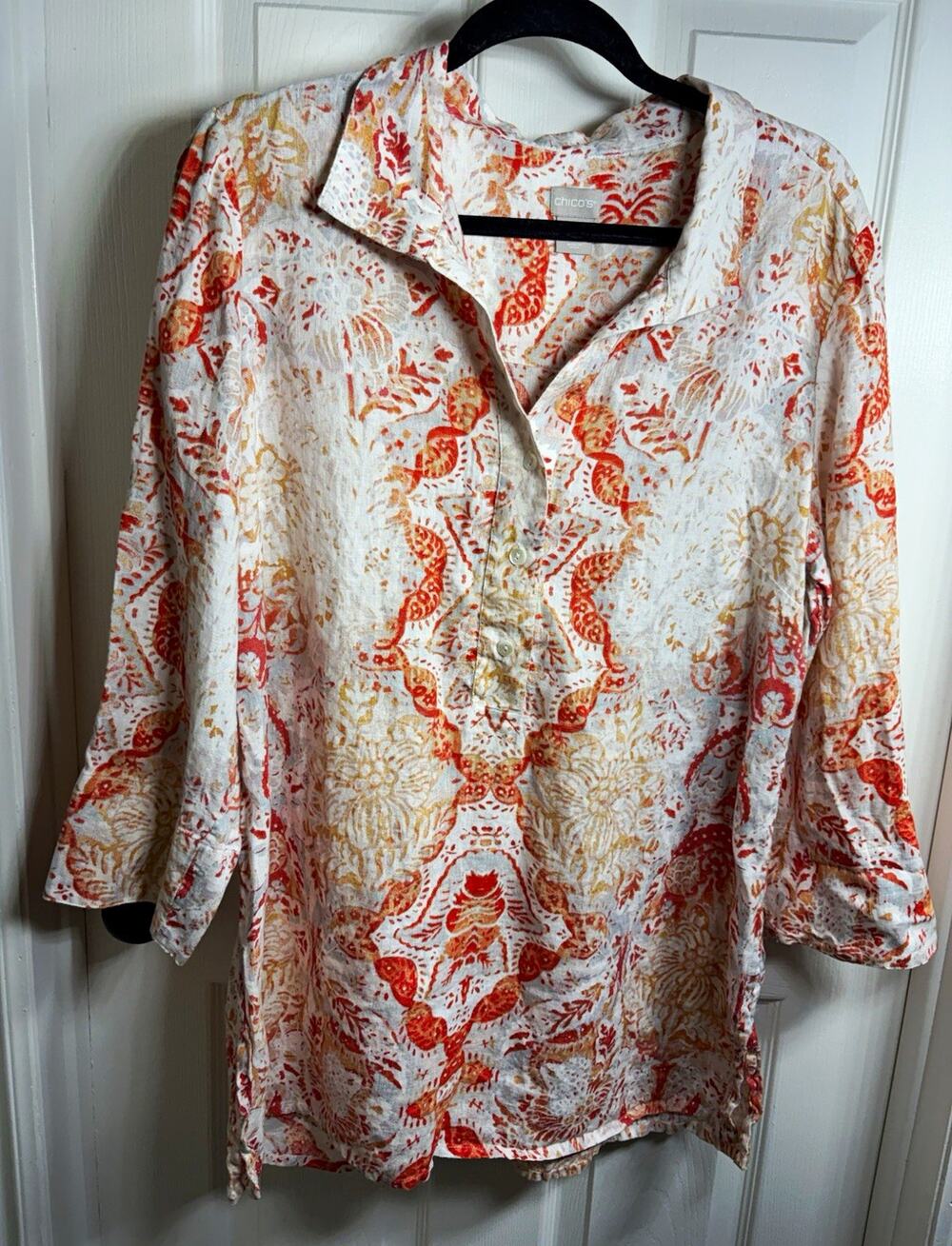 Chico's 2 Orange Paisley Linen Woven Collared Blouse Fall Harvest Coastal